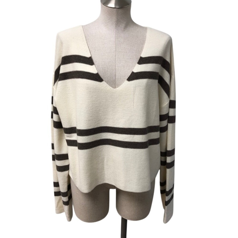 LNA Clothing Sweater Womens Large Cream Brown Striped Deep V-Neck Long Sleeve